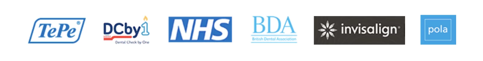 Logos of dental health partners and services: TePe, DCby1, NHS, British Dental Association (BDA), Invisalign, and Pola.